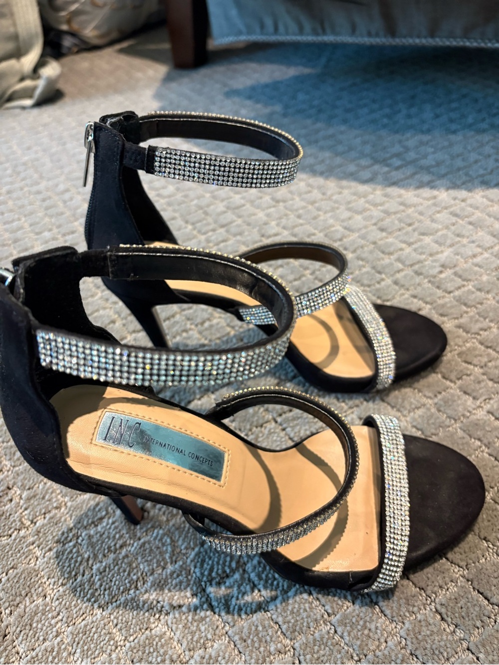 INC International Concepts Black Rhinestone Strap Stiletto Sandals